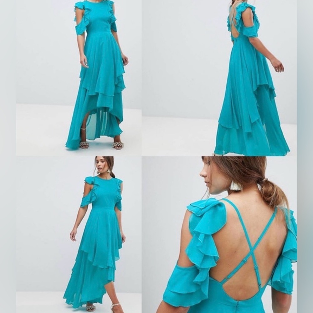 ASOS Vibrant Blue High Low Ruffle Flowy Open Back Dress